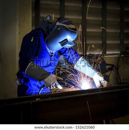Worker With Protective Mask Welding Metal