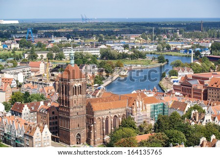 Architecture of old town in Gdansk, Poland - Bird`s eye view