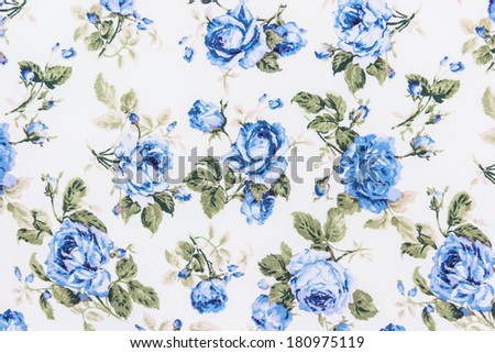 Blue Rose Fabric Background, Fragment of colorful retro tapestry textile pattern with floral ornament useful as background