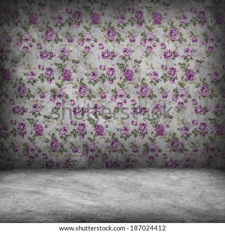 Concrete wall and floor texture with rose wallpaper , Grunge design