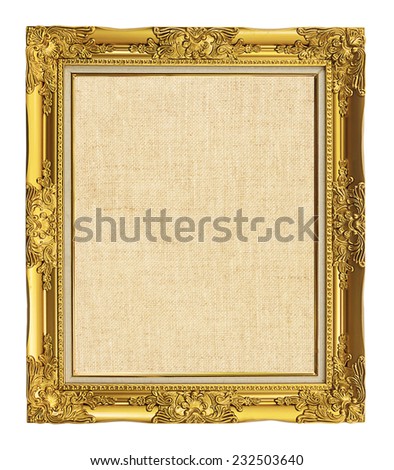 old golden frame with empty grunge linen canvas for your picture, photo, image. beautiful vintage background