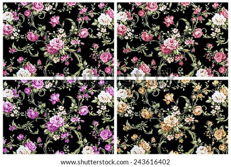 rose vintage on black fabric background, set 4