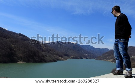Lake Siriu, Rural landscape from Romania with mountains lake, near Carpathian Mountains,
