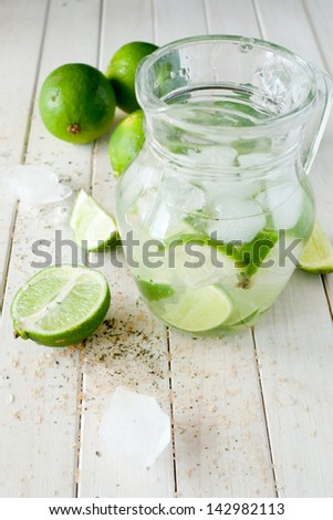 Glass of water with ice and limes