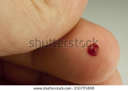 small drop of blood on the tip of a finger