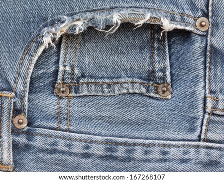 close up fancy washed blue jeans pocket