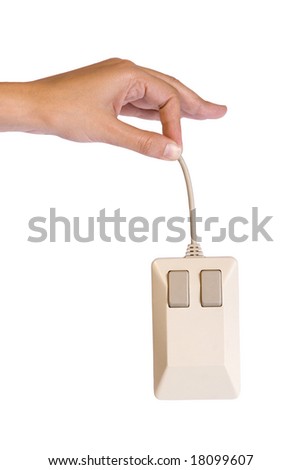 hand holding an old mouse computer in white background