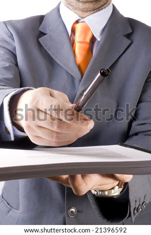 business man giving pappers to sign in a withe background