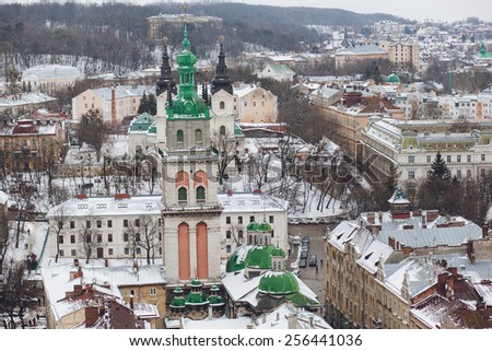 Lviv cathedral winter morning view