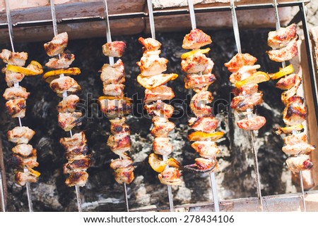 skewers with pork shish kebabs on grill on backyard