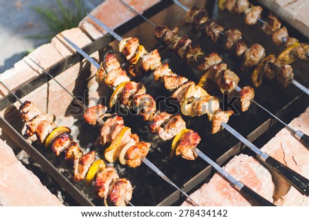 skewers with pork shish kebabs on grill on backyard