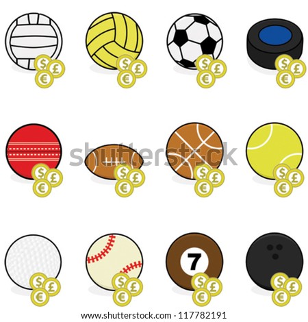 Vector collection of color sports balls with coins on top of them to symbolize sports betting