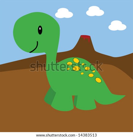 Background Vector on Of A Cute Cartoon Dinosaur With Volcano In Background   Stock Vector