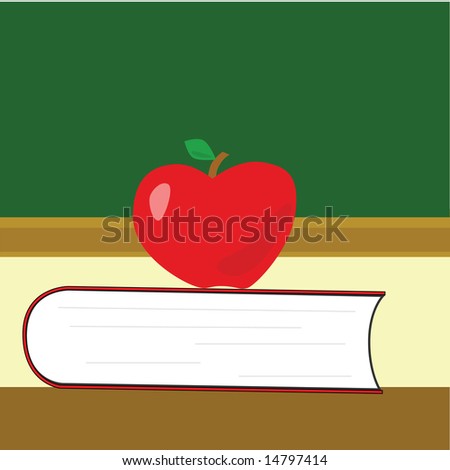 Illustration of an apple on top of a book in a classroom