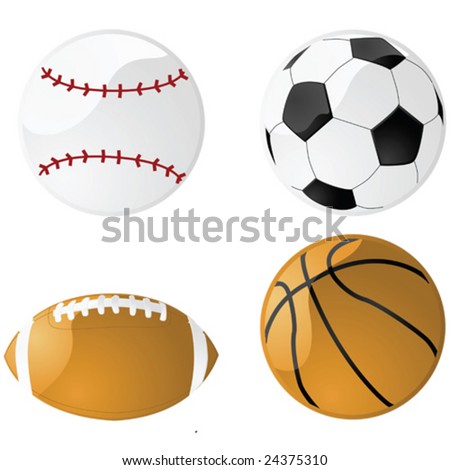 Vector illustration of four glossy sport balls: baseball, football (soccer), American football and basketball