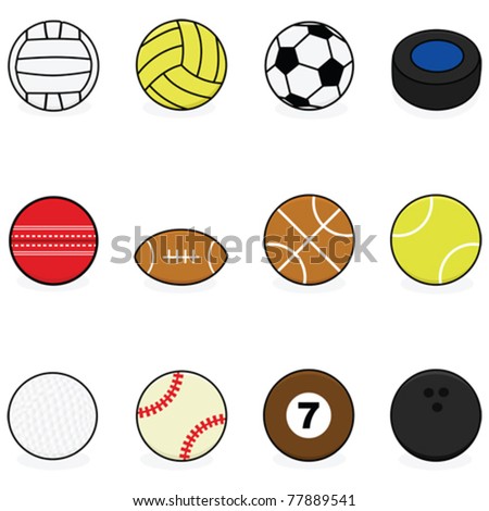 Set with vector cartoon balls for different sports: volleyball, water polo, soccer, hockey, cricket, football, basketball, tennis, golf, baseball, billiards and bowling