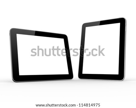 Realistic and modern tablet computer device with blank touch screen with black frame, isolated on white background.