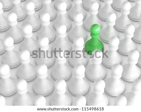 Green pawn standing out from the crowd, white chess pieces.