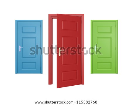 Red door opened, blue and green doors closed, isolated on white background.