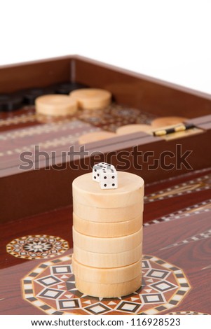 Backgammon table, chips and dices with double six, isolated on white.