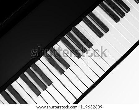 Piano keys on grand piano, top view, isolated on white background.