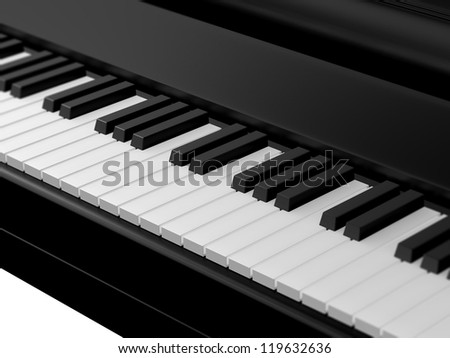 Piano keys on black grand piano with depth of field.