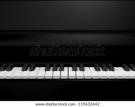Piano keys on black grand piano, front view.