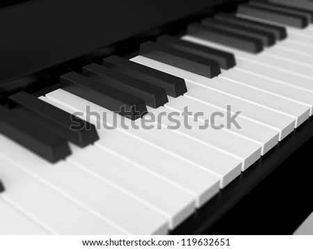 Piano keys on black grand piano with depth of field.