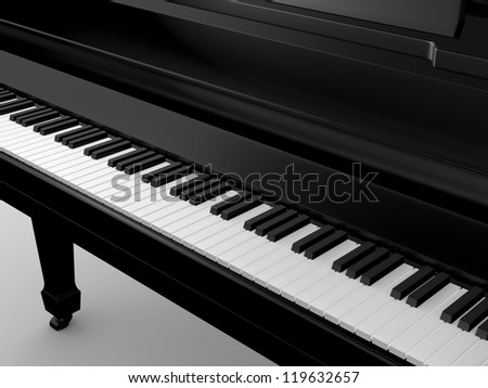 Black grand piano and keys on white.