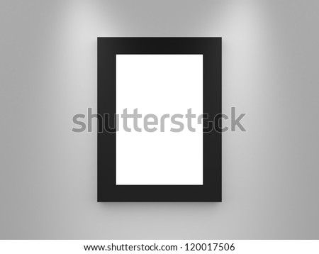 Modern single blank gallery frame, black border, interior scene, advertisement board on white wall. lights from top.
