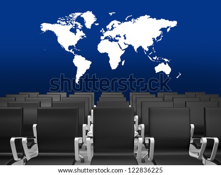 Black office chairs in a conference hall with world map on blue background.