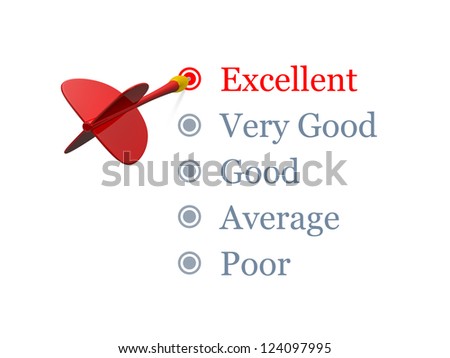 Performance survey form, excellent marked with red dart arrow and target, good, average, poor not checked, isolated on white background.