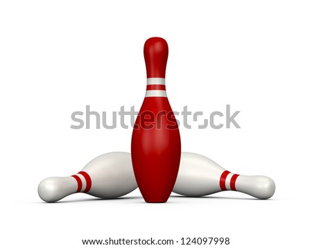 Red bowling pin wins the game, white skittles lose, isolated on white background.