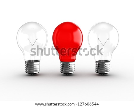 Red light bulb lamp among two glass transparent light bulbs, isolated on white background.