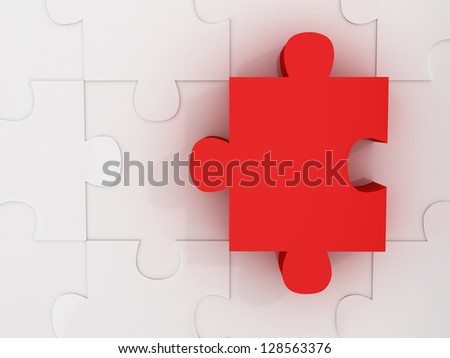 Red jigsaw puzzle piece standing out with its dimension.
