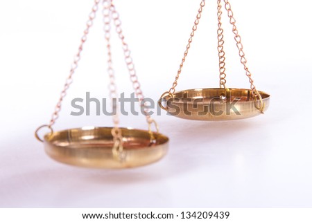 Golden balance scales of justice, isolated on white background.