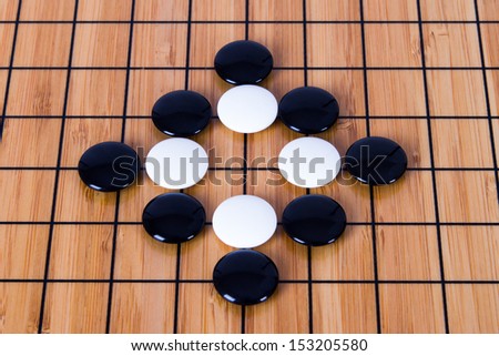 Close up view of black and white pieces on Chinese go game board.