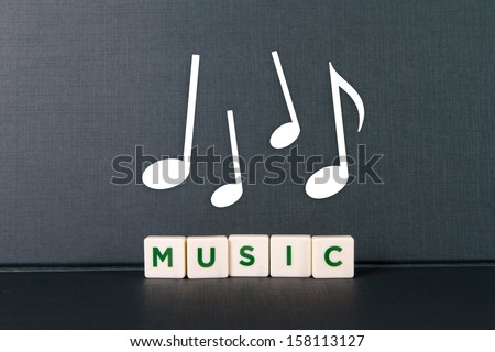 Music word in letters and notes of rhythm.