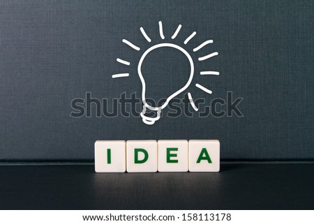 Concept of idea word in letters and sketch of light bulb glowing.