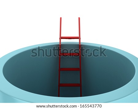 Career, freedom concept, red ladder standing inside of tube, isolated on white background.
