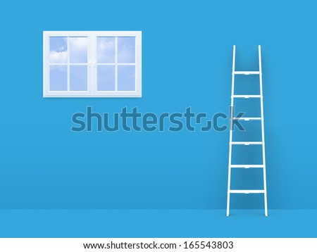 Failure concept, white ladder trying to reach freedom, window on blue room.