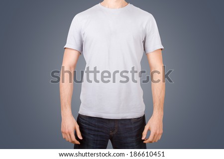 White tshirt template on young man for your design, front view, isolated on white background.