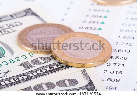Close up view of coins and dollar banknotes on financial data results.