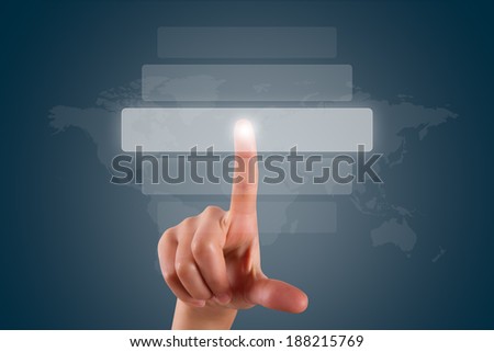 Young female hand finger touching, pressing or choosing button list on digital screen on dark background with copy space area.