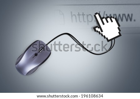 Internet concept, computer mouse with hand cursor over dark background