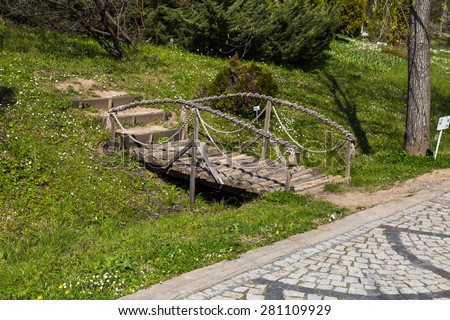 Wooden bridge in forest, bridge in grass.