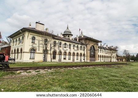 Side view of old historical train station building, rectorship building of Trakya University.