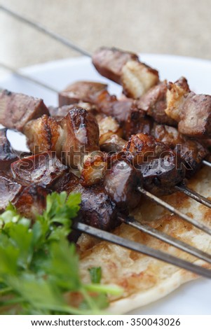Close up detailed view of grilled delicious liver shish kebab of Turkey served on a white plate with parsley and onion.