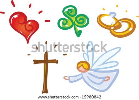 various vector icons and symbols: love, luck, marriage, religion, angel