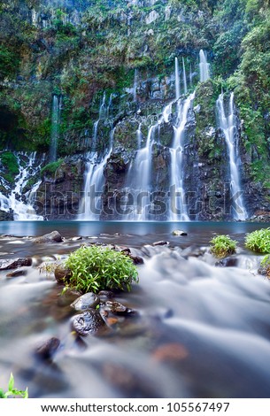 Scenic view of Langevin Waterfall on Reunion Island with slow motion blur.